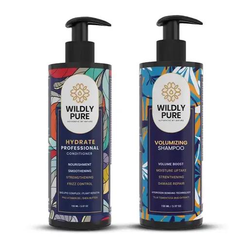 WILDLY PURE Natural Volumizing Shampoo & Conditioner Combo for Thin Hair|95% Increase in Shine & Strength |Plant Keratin, Pro Vitamin B5|Sulphate & Paraben Free|Men & Women|Pack of 2|150mLx2