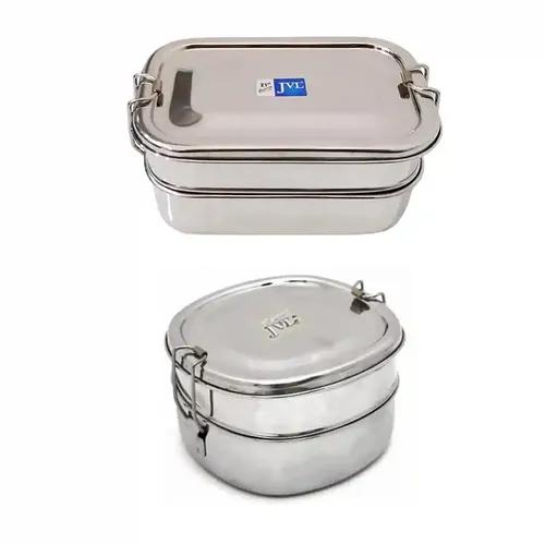 Jvl Stainless Steel Rectangular & Chakra Shape Double Layer Lunch Box With Inner Plate - Set Of 2