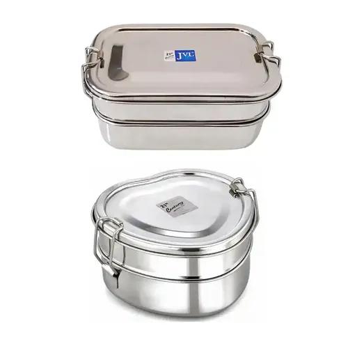 Jvl Stainless Steel Rectangular Shape Double Layer Lunch Box With Inner Plate & Small Heart Shape Lunch Box Not Leak Proof - Pack Of 2