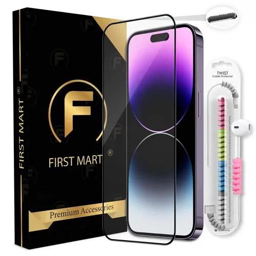 FIRST MART Premium Tempered Glass for iPhone 14 Pro Edge to Edge Screen Coverage, Speaker Mesh Dust Filter & Cable Protector with Easy Installation Kit