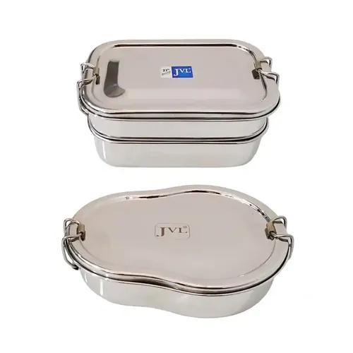 Jvl Stainless Steel Rectangular Double Layer Lunch Box With Inner Plate & Small Guitar Single Layer Lunch Box With Inner Plate - Set Of 2