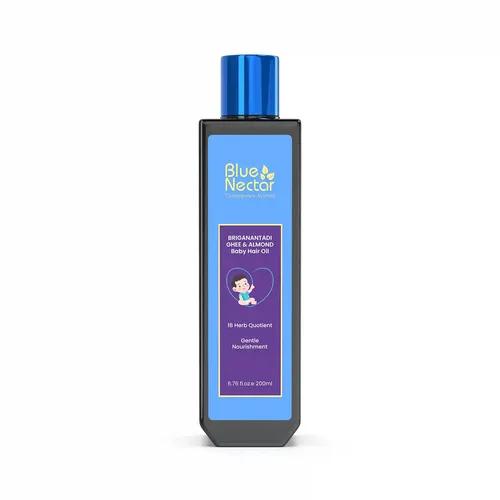 BLUE NECTAR Ayurvedic Baby Hair Oil with Organic Ghee, Almond Oil, Coconut Oil & Olive Oil for Hair and Scalp (18 Herbs, 200 ml)