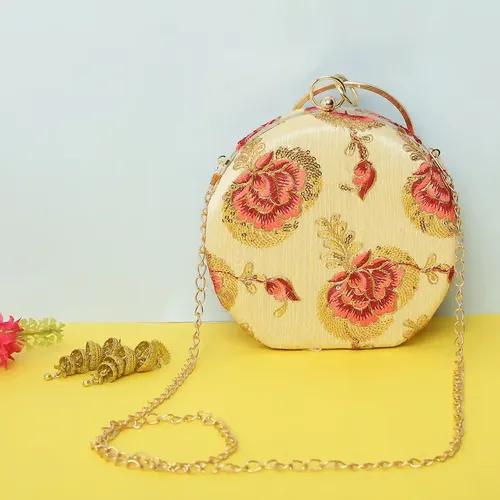 Embroidered Round Matka Clutch For Women - Gold