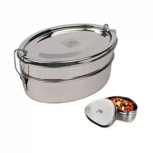 Jvl Stainless Steel Double Layer Oval Lunch Box With Small Container For Kids, School, Office - Medium