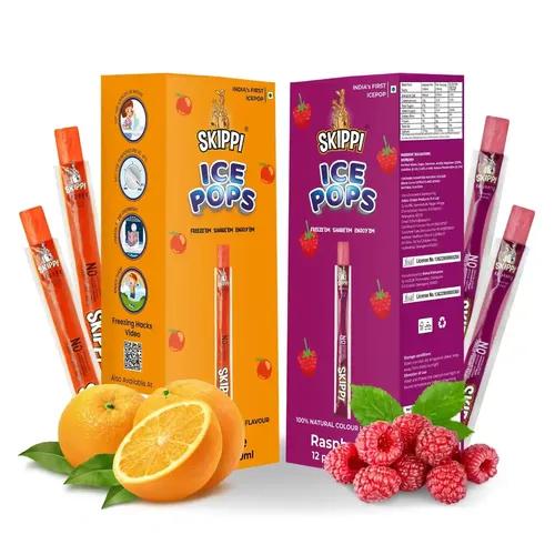 SKIPPI ICE POPS 100% Natural Freezer Pops, Juice Bars, Ice Pops - Raspberry & Orange Flavors (12+12 Pops Boxes) - 12 Gram