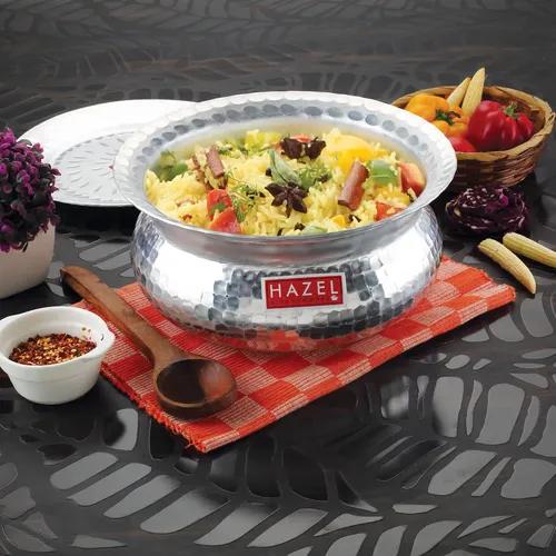 HAZEL Aluminium Hammered Finish Handi with Lid Biryani Rice Cooking Pot GOL Patiya Tope Patila Vessel, 26.5 cm, 4900 ML Silver