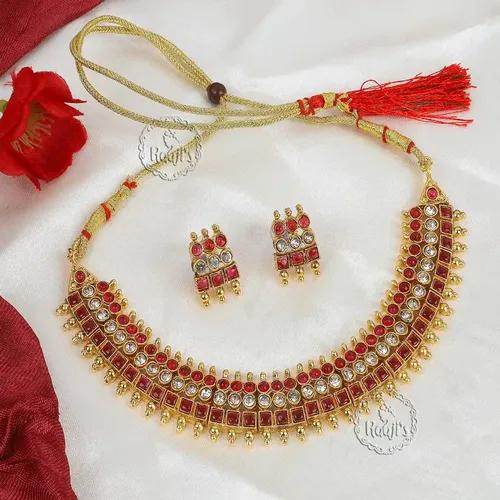 RAAJI'S Real Kemp Square Design Choker Necklace Set for Women - Red