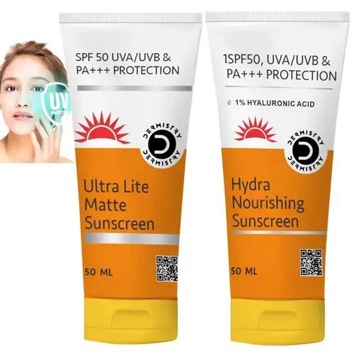 Dermistry Ultra Lite Matte Finish Sunscreen For Oily Acne Prone & 1% Hyaluronic Acid  Ultra Hydrating Nourishing Sunscreen Aqua Gel For Dry Combination With Spf 50 For All Skin Type And Uva/B Pa+++ Sun Protection L No White Cast Light Weight Moisturizer And Water Based Daily For Men & Women ( Pack Of 2 - 100 Ml )