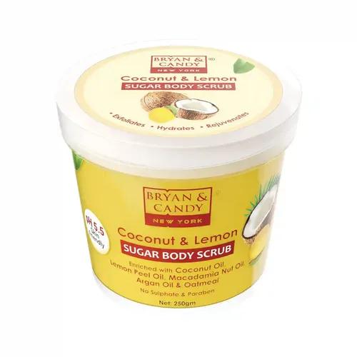 Bryan & Candy Coconut & Lemon Sugar Body Scrub PH 5.5 For Tan Removal & Exfoliation | For Women & Men |Coconut oil, Lemon peel oil, Oatmeal, Macadamia and Argan oil for smooth skin - 250g