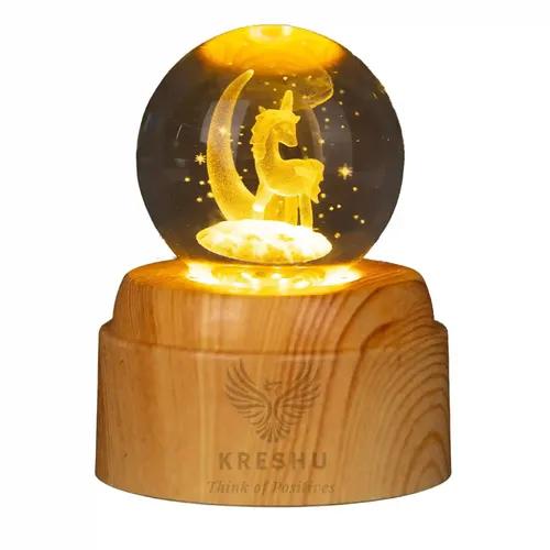 KRESHU Unicorn Moon 3D Crystal Rotating Glass Ball Dimmable Warm LED Light Wooden Stand Luminous USB Cable Decoration Night Lights for Art Home Decoration Birthday Gift (Pack of 1)