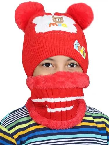 YOUTH ROBE - Premium Brand Standard Kids Winter Warm Knitted Cap with Fleece Scarf Set fit for 4-13 Years Old Toddler Kids Winter Stylish Caps - Red