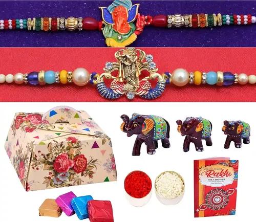 Set Of 2 Rakhis For Bhai Bhabhi Brother With Chocolate Gifts Hamper Combo Rakshabandhan Hamper/Pack Of 2 Rakhi For Brother With Gift-2 Kundan Rakhi+Showpiece Figurine +Roli, Chawal+Rakhi Greeting Card