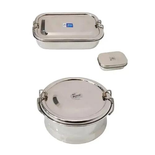 Jvl Stainless Steel Rectangular Single Layer Lunch Box With Small Container & Big Round Lunch Box With Inner Plate Not Leak Proof - Pack Of 2