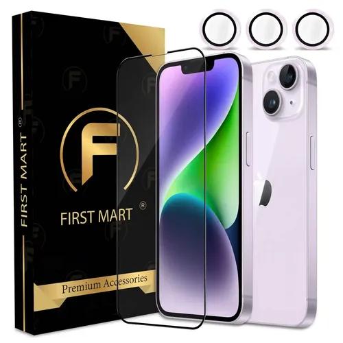 FIRST MART for iPhone 14 Plus Tempered Glass and 1 Set of Individual Deep Purple Camera Rings Protectors, 2.5D Curved Edges, Full-Coverage Military-Grade Protection, Scratch Resistant | Purple Rings