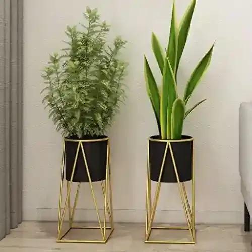 AMASS HANDICRAFTS Planters for Indoor Plants Metal Planters with Stands & Indoor Plant Pots for Indoor Plants & Mid Century Plant Stands with Pots & Plant Pots Indoor Planter Small Set of 2 (Black)