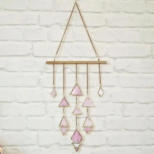 Behoma Suncatcher Wall Hanging Pink Color Stained Glass with Golden Metal Frame for Home Decor | Office Living Room Bedroom Gifts Decorative Items | House Decoration