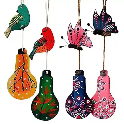 Hand Painted Colorful Wooden Birds & Bulbs Wall Hanging - Pack Of 4