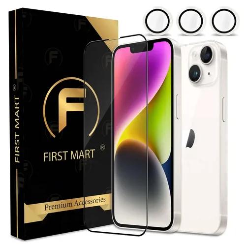 FIRST MART for iPhone 14 Plus Tempered Glass and 1 Set of Individual White Camera Rings Protectors, 2.5D Curved Edges, Full-Coverage Military-Grade Protection, Scratch Resistant | White Rings