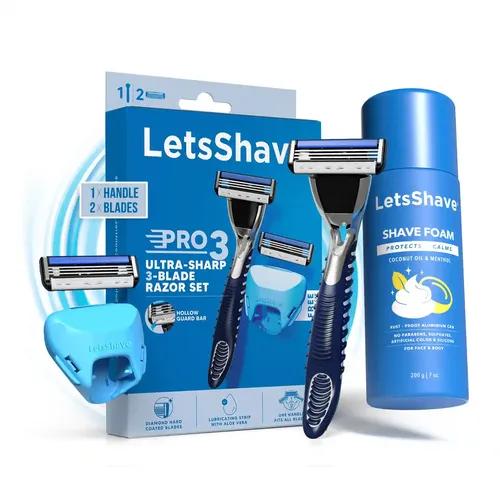 LetsShave Pro 3 Trial Shaving Kit For Men - Pro 3 Razor With 1 Blade Refill, Shaving Foam For Men - 200 G