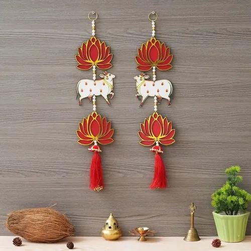 WEBELKART Lotus Flower Door & Wall Hanging for Diwali Decoration| Wall Decor |Temple Decor Wall Hanging Home and Office Decor (Wood Set of 2) 18" Inches