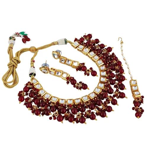 Gold Plated(18k) Square Shape Stone Design Jewellery Set & Maang Tika With Beads - Maroon