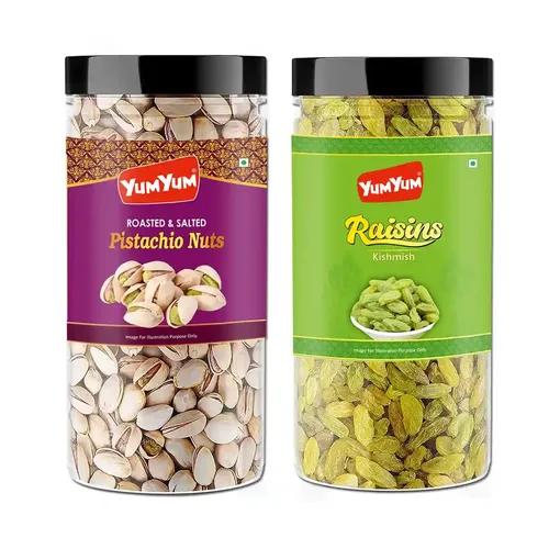 YUM YUM Premium Dry Fruits Combo Pack of 2 | Dried Raisins Kishmish 500g, California Roasted Pistachios Nut 500g | Total 1 Kg | Healthy Dry Fruits Snacks | Pista, Kismis Dry Combo