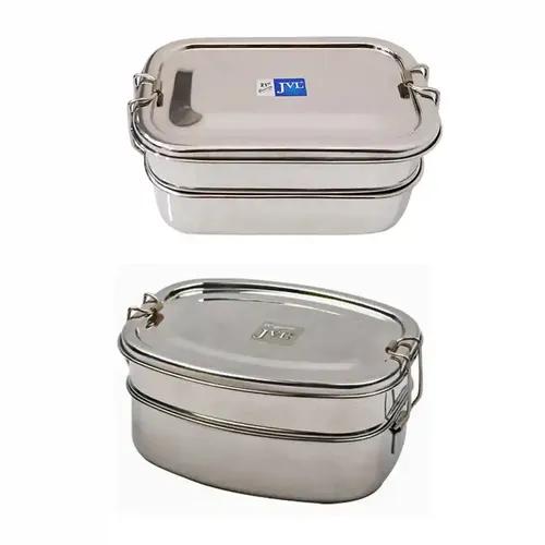 Jvl Stainless Steel Rectangular Shape Double Layer Lunch Box With Inner Plate & Small Deluxe Lunch Box Not Leak Proof - Pack Of 2