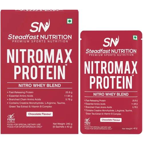 STEADFAST NUTRITION Nitromax Protein |25.9g Fast Releasing Protein, 11.94g EAA, 5.78g BCAA per sachet | Increases Muscle pump, strength, Lean Muscle (6 Sachets, Chocolate)