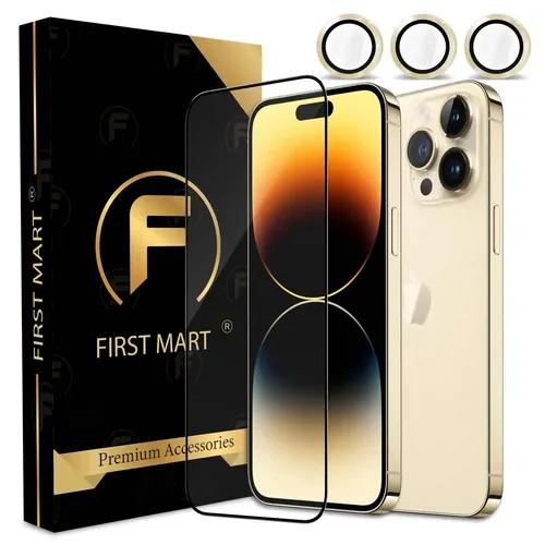 FIRST MART for iPhone 14 Pro Max Tempered Glass and 1 Set of Individual Gold Camera Rings Protectors, 2.5D Curved Edges, Full-Coverage Military-Grade Protection, Scratch Resistant | Gold Rings