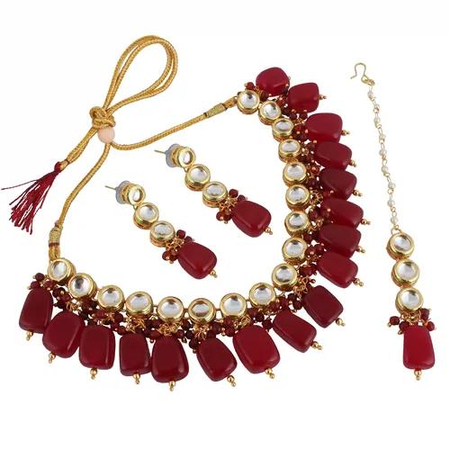 Gold Plated(18k) Round Kundan Necklace Set With Maang Tikka - Maroon