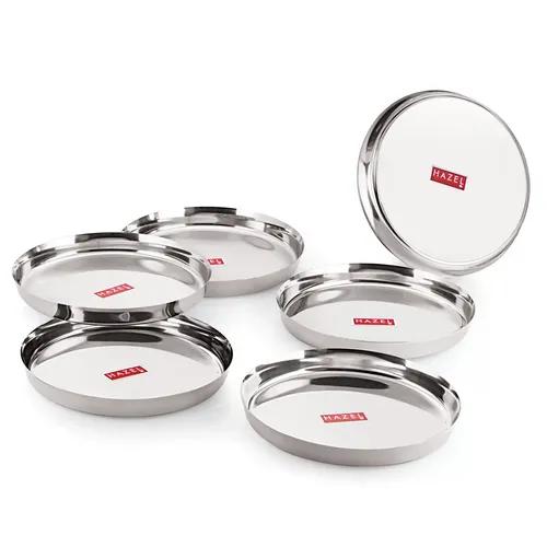 HAZEL Stainless Steel Plates Set | Premium Mirror Finish Thali Set Stainless Steel | Heavy Gauge Steel Plates Set for Dinner & Lunch Set of 6, 25.5 cm