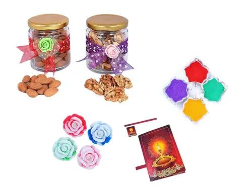 MANTOUSS Diwali Dry Fruit Decorative Glass Jar-Almond and Walnut(100gms Each),200 GMS + 2 Floating Diya, Diwali Greeting Card and Rangoli Colours