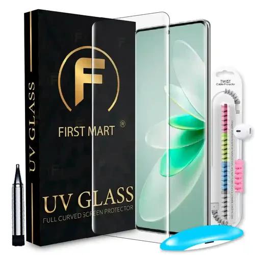 FIRST MART Tempered Glass for Vivo V27 5G / V27 Pro 5G / V29 Pro 5G with Edge to Edge Full Screen Coverage and Easy UV Glue Installation Kit and Cable Protector, Pack of 1