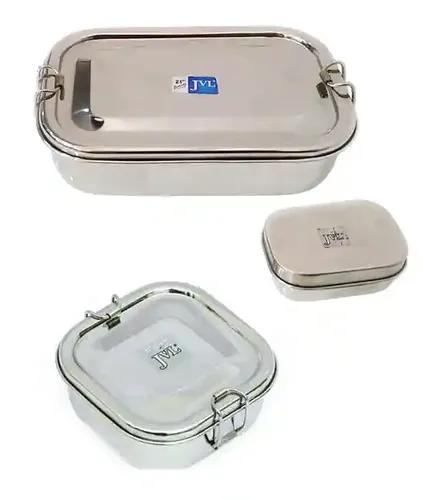 Jvl Stainless Steel Rectangular Single Layer Lunch Box With Small Container & Big Square Lunch Box With Inner Plate Not Leak Proof - Pack Of 2