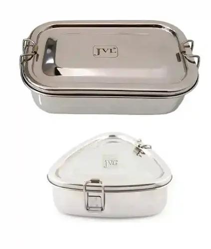 Jvl Stainless Steel Rectangular Single Layer Lunch Box With Inner Plate & Big Triangle Lunch Box Not Leak Proof - Pack Of 2