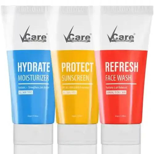 Vcare 3-In-1 Refresh Face Wash, Hydrate Moisturizer + SPF 30 Protect Sunscreen for Normal to Oily Skin Facial Kit | Face Wash for Both Men and Women | All Skin Types | Daily Use - 50gm