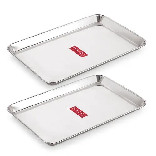 HAZEL Stainless Steel Serving Trays Rectangle Premium Dining Table Plater Set of 2, Small, Silver, 29.5 x 19 cm