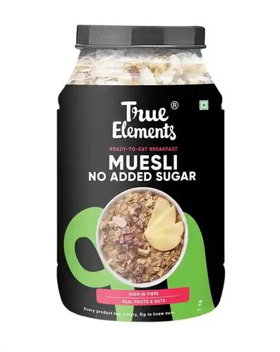 True Elements Muesli No Added Sugar 1 Kg | Sugar Free Cereal | Diet Food | Healthy and Quick Breakfast | No Malt Extract, No Maltitol, No Sweeteners or Flavorings | Oats, Wheat Flakes & Jowar | Crunchy Almonds, Seeds & Freeze dried fruits | 15g Clean Protein