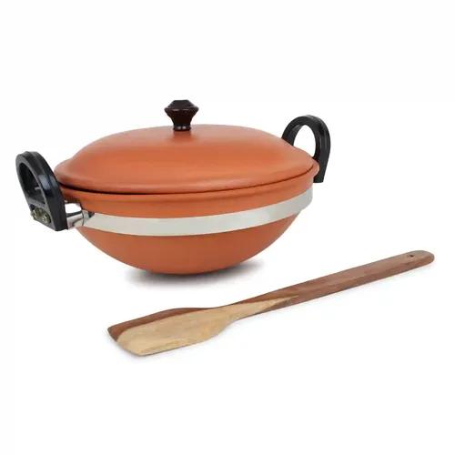 KSI Handmade Terracotta Indian Kadhai with Lid Pottery Earthen Clay Kadhai for Cooking and Wooden Spatula Combo 2.5 litres