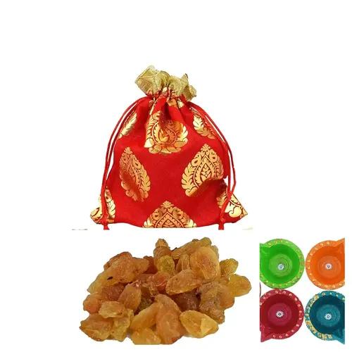 MANTOUSS Diwali Dry Fruit Red Designer Potli-Raisin + 2 Cute diyas