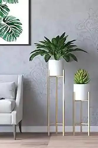 AMASS HANDICRAFTS Metal Tall Plant Stand with Pot| Indoor Outdoor Plant Stand| Modern Golden Tall Planter Stand Set of 2 (White/Gold)