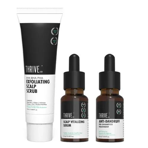 ThriveCo Anti-Dandruff Scalp Repair Kit | Anti-Dandruff Pre-Shampoo Serum (10ml), Exfoliating Scalp Scrub (25ml) & Scalp Vitalizing Serum (10ml) | Hair Growth & Dandruff Control | Travel-Friendly