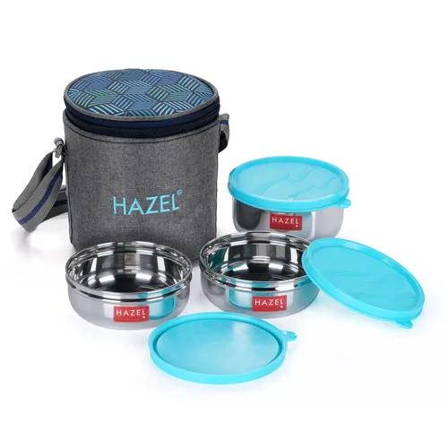 HAZEL Tiffin Box for Office Men & Women | Stainless Steel Lunch Boxes Set of 3 Leak Proof Lunch Box (2 Pc 300 ML, 1 Pc 450 ML Containers) with Cylindrical Lunch Bag with Strap