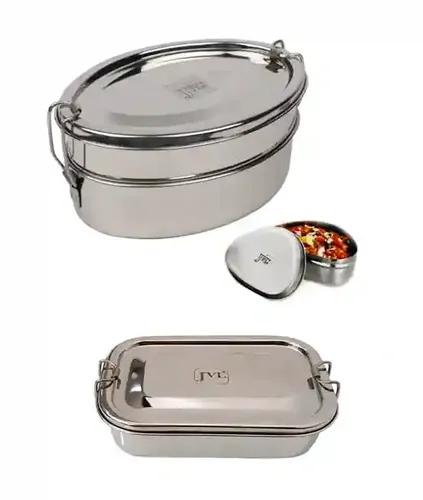 Jvl Stainless Steel Rectangular Shape Single Layer Lunch Box With Inner Plate & Small Oval Double Layer With Small Container - Set Of 3