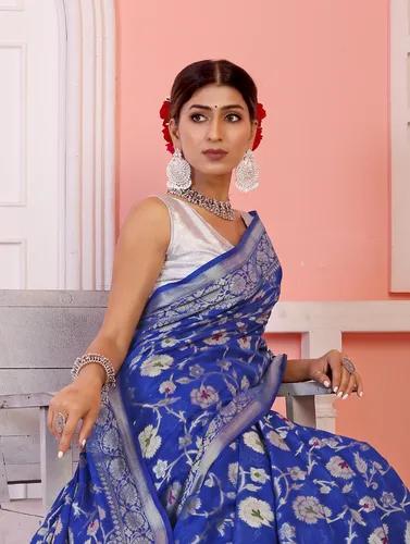 Soft Georgette Floral Banarasi Jaal Silk Saree - Blue