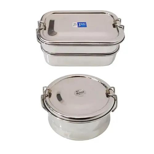 Jvl Stainless Steel Rectangular Double Layer Lunch Box With Inner Plate & Small Round Single Layer Lunch Box With Inner Plate - Set Of 2