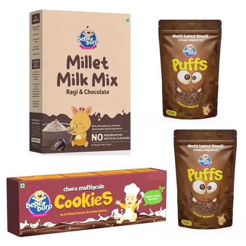 BE'BE' BURP- Millet Milk Mix | Ragi & Chocolate Drink Mix 200gm with Choco Cookie 150 gm and Choco Puff 35gm(Pack of 2)| No Preservatives No Artificial Flavours