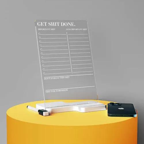 3 Lines to Do List Acrylic Board for Desk (24x16 CM)| Best Planner & Organiser | White Acrylic Base with Slot for Phone| with 2 Markers & Cleaning Fabric | 'Get S**T Done' |Regular Size