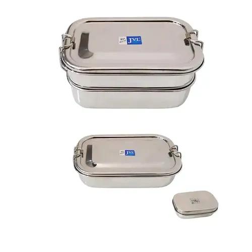 Jvl Stainless Steel Rectangular Double Layer Lunch Box With Inner Plate & Small Rectangular Single Layer Lunch Box With Mini Container Not Leak Proof - Pack Of 2