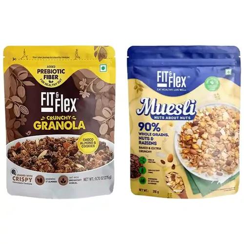 FIT & FLEX Baked Crunchy Choco Almond Cookie Granola (275 g) And Nuts & Raisins Muesli (210 g) - As Seen on Shark Tank India - 485 g (Breakfast Combo Pack of 2)